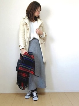 「アイテム（ダッフルコート、ホワイト系）」を使った、hakuさん（レディース・163cm）の冬コーディネート