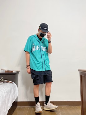 「Mitchell&Ness（ミッチェル&ネス）のアイテム（ジャケット/アウター）」を使った、Calvさん（メンズ・176cm）の夏コーディネート