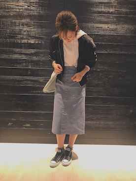 「ハイウエストスカート」｜「アイテム（ジャケット/アウター）」を使った、𝕊𝔸さん（レディース・157cm）の春コーディネート