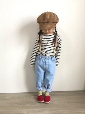 「アイテム（キャスケット、ブラウン系）」を使った、anjuさん（キッズ・90cm）の冬コーディネート