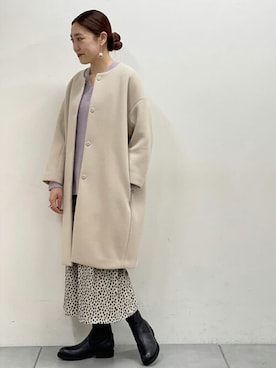 「Vネック」｜「アイテム（ノーカラーコート）」を使った、ErisaTatsuyamaさん（レディース・164cm）の秋コーディネート