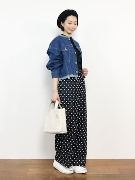 「ドットパンツ」｜「アイテム（デニムジャケット）」を使った、三由佳奈さん（レディース・160cm）の春コーディネート