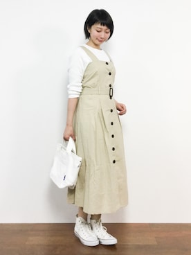 「ワッフルクルーネックＴ」｜「アイテム（ワンピース/ドレス）」を使った、三由佳奈さん（レディース・160cm）の春コーディネート