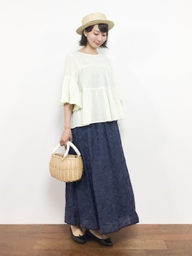 「cardo fabrica（カルドファブリカ）の綿シルクローン刺繍 ギャザースカート（スカート）」を使った、三由佳奈さん（レディース・160cm）の夏コーディネート