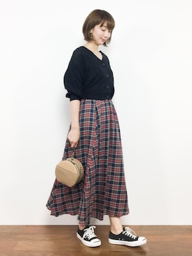 「タータンチェックスカート」｜三由佳奈さん（レディース・160cm）の夏コーディネート