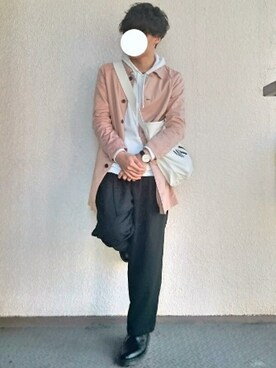 「アイテム（ステンカラーコート、ピンク系）」を使った、HAYATOさん（メンズ・174cm）の春コーディネート