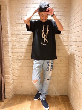 「HYSTERIC GLAMOUR（ヒステリックグラマー）のHYS WHISKY柄 刺繍キャップ（キャップ）」を使った、森 拓巳さん（メンズ・176cm）の夏コーディネート