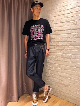 「柄物」｜「アイテム（帽子）」を使った、森 拓巳さん（メンズ・176cm）の夏コーディネート