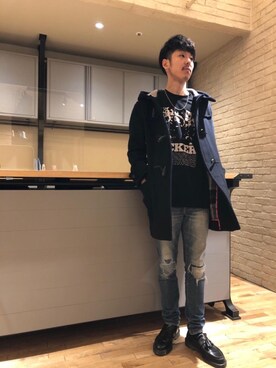 「HYSTERIC GLAMOUR（ヒステリックグラマー）のアイテム（ダッフルコート）」を使った、森 拓巳さん（メンズ・176cm）の秋コーディネート