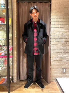 「HYSTERIC GLAMOUR（ヒステリックグラマー）のアイテム（ピーコート）」を使った、森 拓巳さん（メンズ・176cm）の冬コーディネート