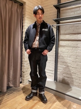 「シャツ 」｜「アイテム（ブーツ）」を使った、森 拓巳さん（メンズ・176cm）の冬コーディネート