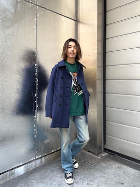 「HYSTERIC GLAMOUR（ヒステリックグラマー）のアイテム（ピーコート）」を使った、森 拓巳さん（メンズ・176cm）の冬コーディネート