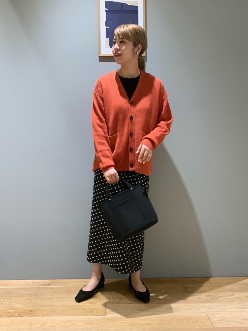 ブラック系のショルダーバッグ、ブラック系のパンプス、ブラック系のTシャツ/カットソーを着用したレディースの秋コーディネートの1枚目の写真