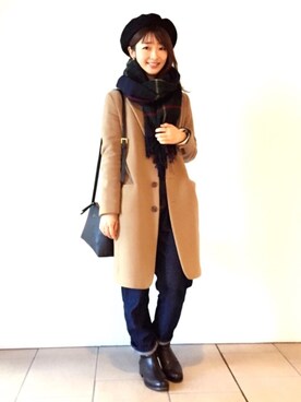 「無地党」｜「アイテム（ハンチング/ベレー帽）」を使った、moccoさん（レディース・156cm）の冬コーディネート