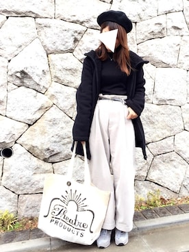 「無地党」｜「アイテム（ハンチング/ベレー帽）」を使った、moccoさん（レディース・156cm）の冬コーディネート