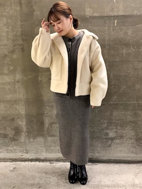 「EUCLAID（エウクレイド）のアイテム（ムートンコート）」を使った、AIさん（レディース・158cm）の冬コーディネート
