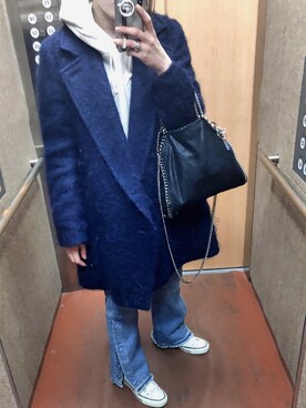 「スリットパンツ」｜「アイテム（チェスターコート）」を使った、rrrrrさん（レディース・158cm）の冬コーディネート