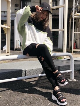 「ENVYM（アンビー）のアイテム（帽子）」を使った、Kahoyanさん（レディース・150cm）の春コーディネート
