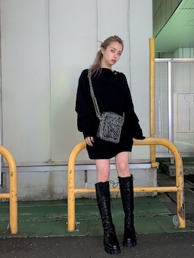 「ENVYM（アンビー）のＬＡＣＥ ＵＰロングブーツ（ブーツ）」を使った、Kahoyanさん（レディース・150cm）の冬コーディネート