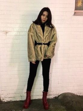 「EVRIS（エヴリス）のアイテム（その他アウター）」を使った、miyuさん（レディース・159cm）の冬コーディネート