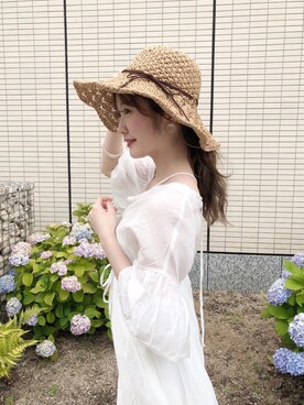 「むぎわら帽子」｜「アイテム（シャツワンピース）」を使った、tomohaさん（レディース・156cm）の夏コーディネート