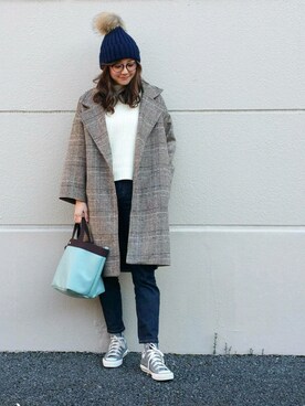 「PLAIN CLOTHING（プレーンクロージング）のアイテム（ニットキャップ/ビーニー）」を使った、JUNKOさん（レディース・162cm）の冬コーディネート