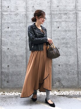 「SLOBE IENA（スローブイエナ）のアイテム（ライダースジャケット）」を使った、JUNKOさん（レディース・162cm）の冬コーディネート