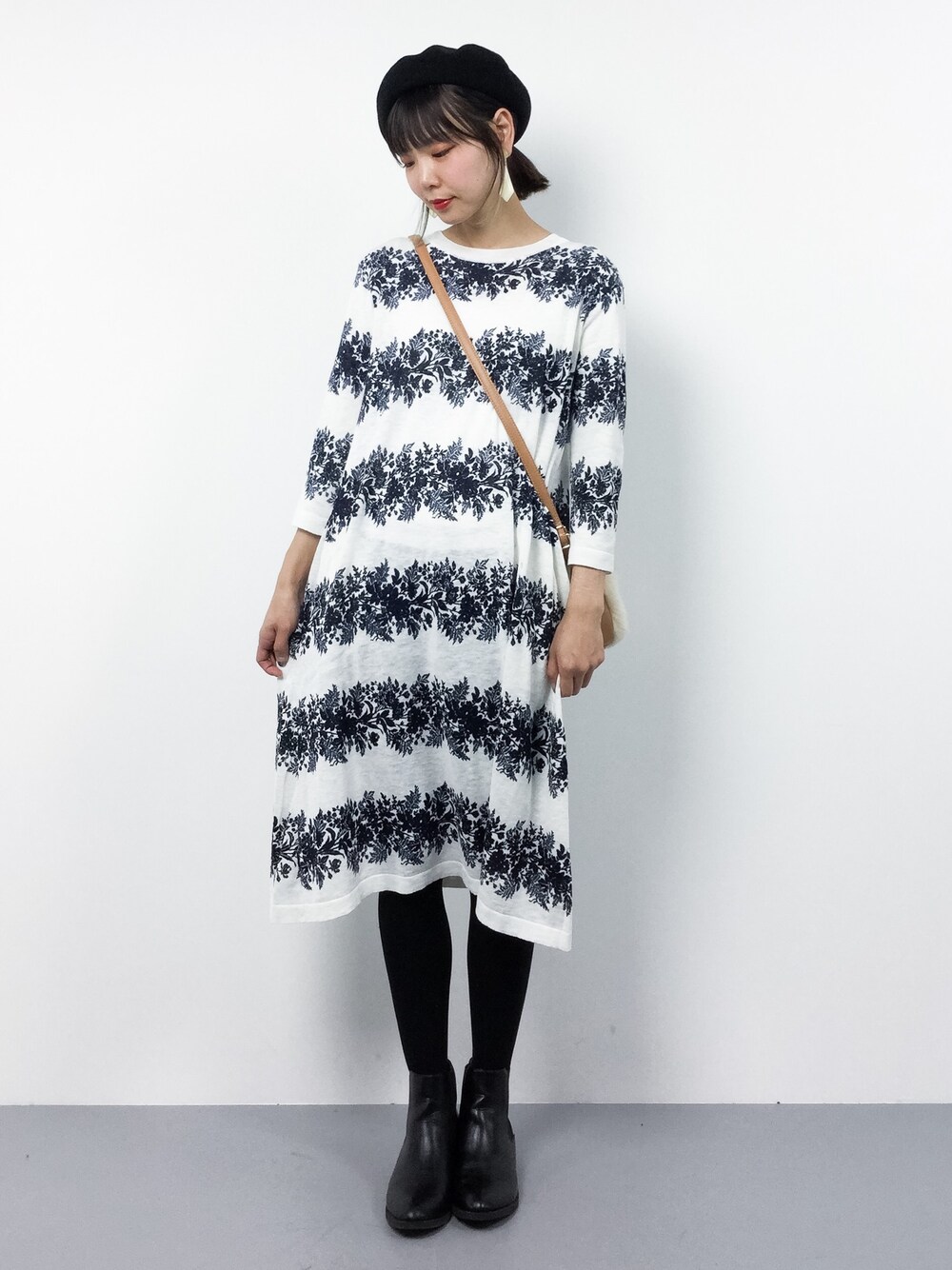 美品★45R ギマウォールフラワーボーダープリントワンピース コットン ０ 美品☆45R ギマウォールフラワーボーダープリントワンピース コットン