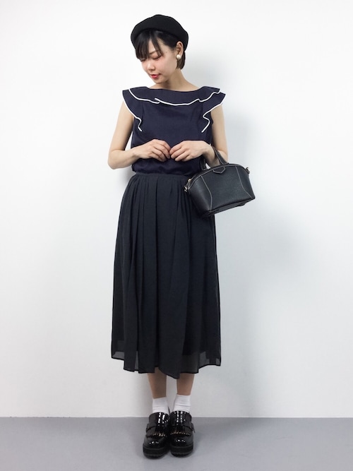 IENA - IENA♡フリルパイピングブラウス、ネイビー INCEDE ブラウス シャツ フリルスリーブ パイピングブラウス