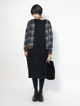 「BEAMS BOY（ビームスボーイ）のBEAMS BOY / シャギー チェック カーディガン（カーディガン/ボレロ）」を使った、ambiさん（レディース・160cm）の冬コーディネート