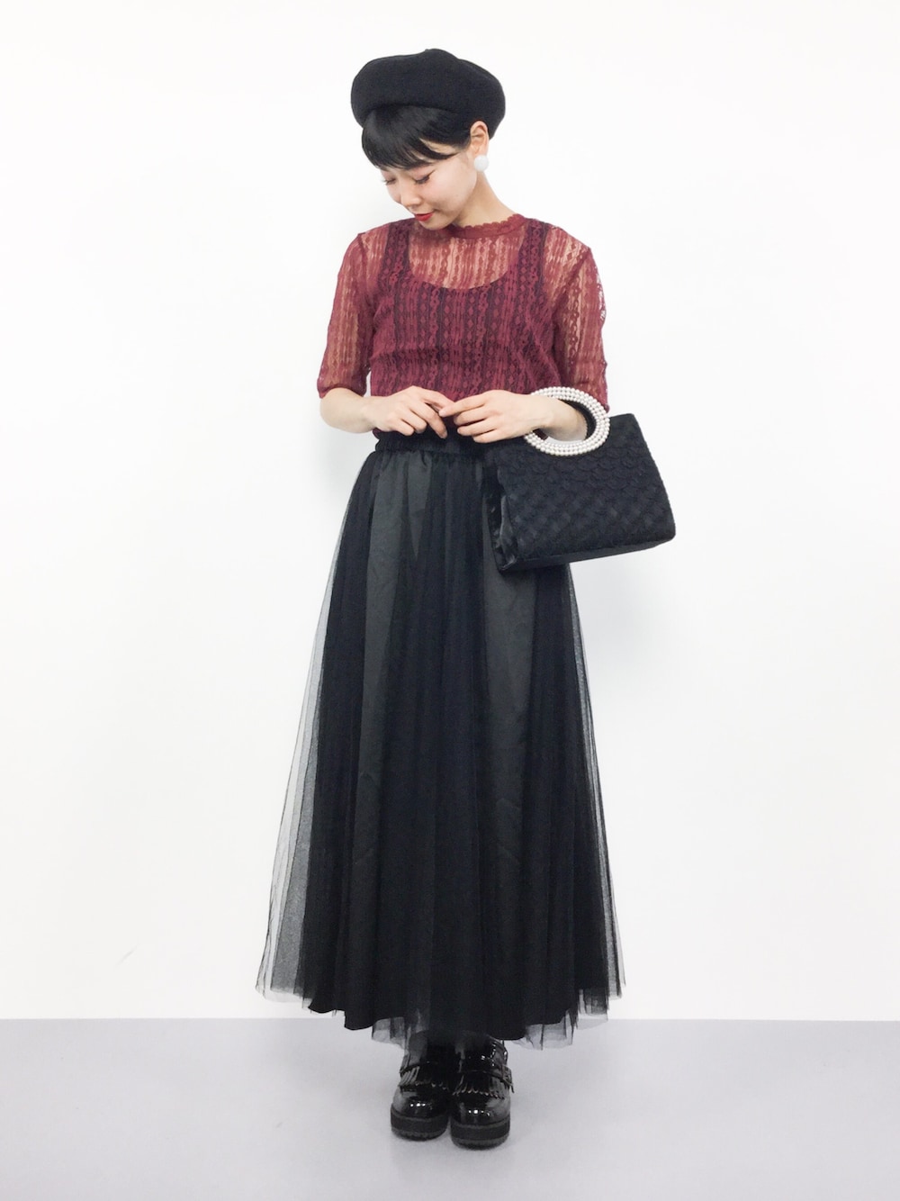 スカート レディース （黒）異素材合わせのミックスベールミディアムスカート 黒）異素材合わせのミックスベールミディアムスカートを使った人気