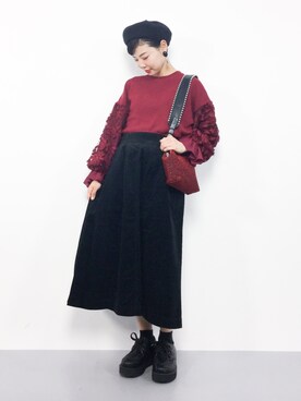 「LOWRYS FARM（ローリーズファーム）のホソコールＡラインスカート　806557（スカート）」を使った、ambiさん（レディース・160cm）の秋コーディネート