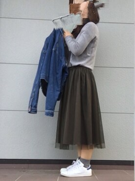 「w closet（ダブルクローゼット）のアイテム（スカート、グリーン系）」を使った、るりさん（レディース・151cm）の秋コーディネート