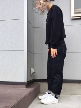 「ZOZO（ゾゾ）のストレートデニムパンツ（パターンオーダー）／ワンウォッシュ［WOMEN］（デニムパンツ、ブルー系）」を使った、るりさん（レディース・151cm）の秋コーディネート