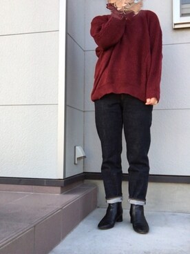 「ZOZO（ゾゾ）のストレートデニムパンツ（パターンオーダー）／ワンウォッシュ［WOMEN］（デニムパンツ、ブルー系）」を使った、るりさん（レディース・151cm）の秋コーディネート