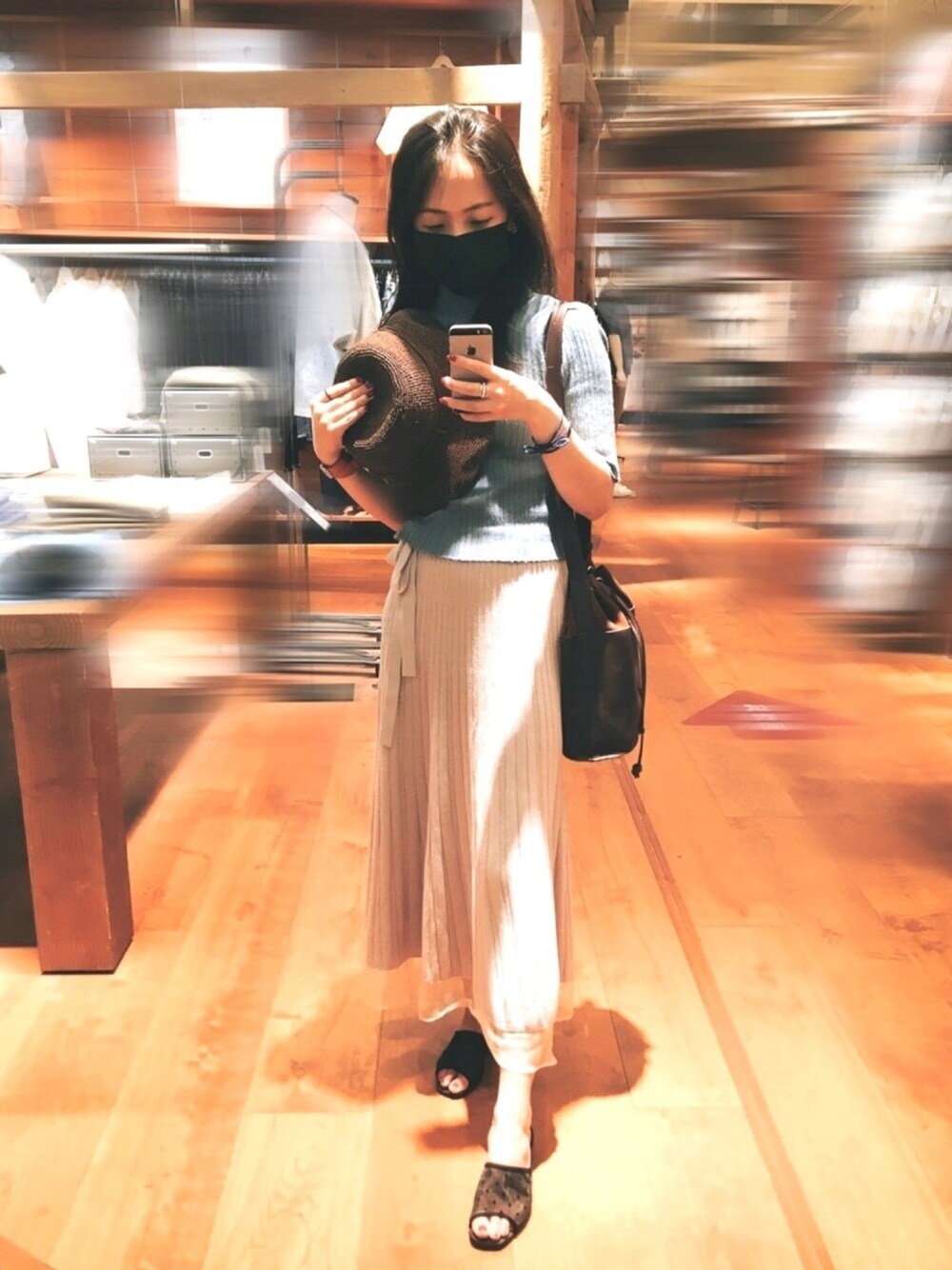 「水玉、大人カジュアル、ootd、夏コーデ、低身長、Rirandture、snidel、who's who chico、きれいめカジュアル、ニット」｜「無印良品のアイテム（サンバイザー、ブラウン系）」を使った、🥘Achernarx🦉さん（レディース・161cm）の夏コーディネートの1枚目の写真