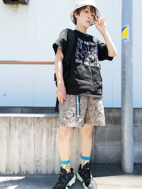 「柄物」｜「アイテム（帽子）」を使った、すいさん（レディース・154cm）の夏コーディネート
