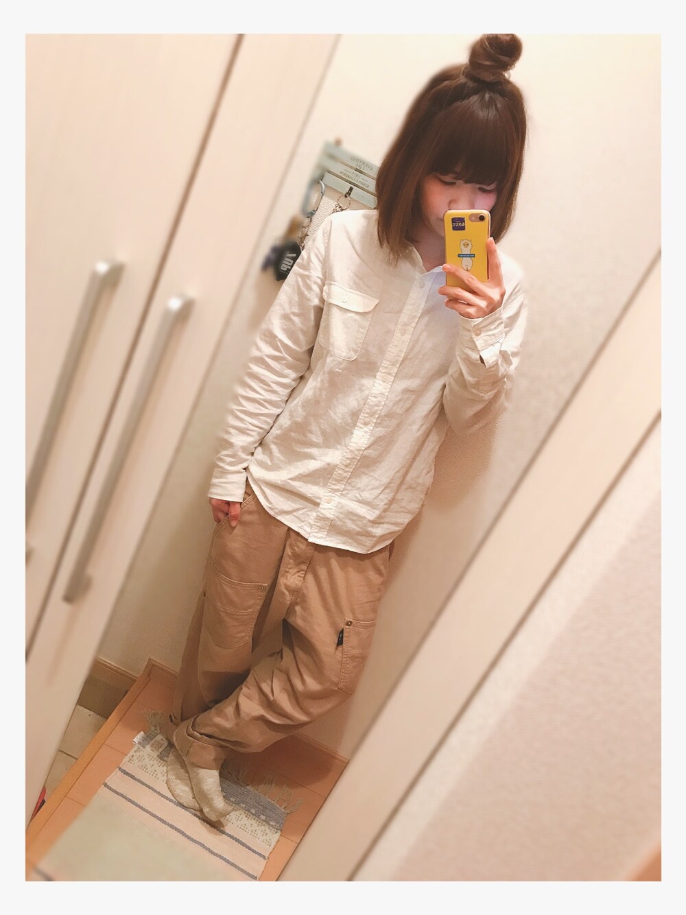 「サルエルパンツ、ゆるゆるコーデ、こんにちは福島、お引越ししてきました、よろしくお願いします」｜「HEART MARKETのアイテム（シャツ/ブラウス、ホワイト系）」を使った、ゆっき。さん（レディース・154cm）の春コーディネートの1枚目の写真