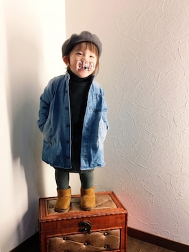 「デニムシャツワンピース」｜「アイテム（ニット/セーター）」を使った、coha-chan2さん（キッズ・80cm）の冬コーディネート