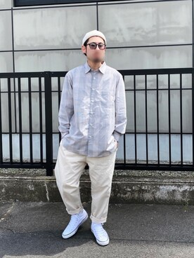 「アイテム（ニットキャップ/ビーニー、ホワイト系）」を使った、ねつなおやさん（メンズ・172cm）の春コーディネート