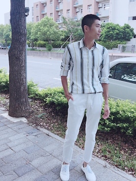 「MUJI」｜「アイテム（スリッポン）」を使った、AwinArrowさん（メンズ・174cm）の夏コーディネート