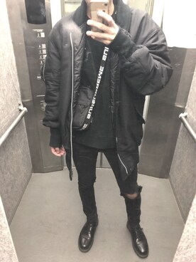 「Yohji Yamamoto（ヨウジヤマモト）のアイテム（MA-1）」を使った、レオパさん（メンズ・178cm）の冬コーディネート