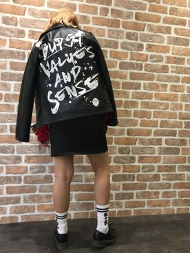 「little sunny bite」｜「アイテム（ライダースジャケット）」を使った、マツモトさん（レディース・161cm）の秋コーディネート