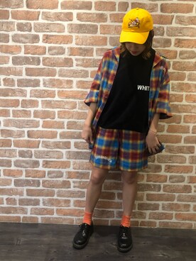 「PLEASURES（プレジャー）のPLEASURES/プレジャーズ/SHADOW PLAID S/S BUTTONUP SHIRTS（シャツ/ブラウス）」を使った、マツモトさん（レディース・160cm）の夏コーディネート