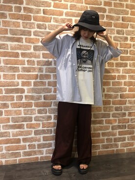 「DANKE SCHON（ダンケシェーン）のDankeSchone/ダンケシェーン/Stripe Albert S/S SHIRTS(ショートスリーブシャツ)（シャツ/ブラウス）」を使った、マツモトさん（レディース・161cm）の夏コーディネート