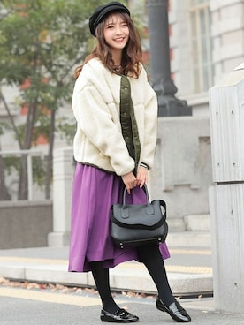 「アイテム（ノーカラージャケット、ホワイト系）」を使った、Retica(レティカ)さん（レディース・161cm）の冬コーディネート