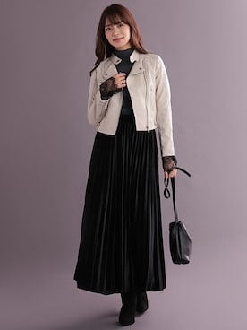 「ベロアスカート」｜「アイテム（ライダースジャケット）」を使った、Retica(レティカ)さん（レディース・163cm）の秋コーディネート