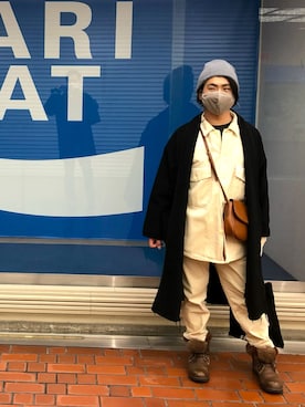 「白」｜「アイテム（カバーオール）」を使った、チーズさん（メンズ・163cm）の冬コーディネート