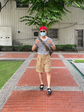 「red」｜「アイテム（ハンチング/ベレー帽）」を使った、saverdjmさん（メンズ・172cm）の夏コーディネート