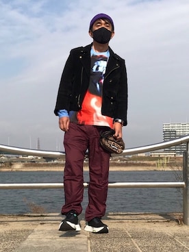 「シュプリーム」｜「アイテム（ライダースジャケット）」を使った、エイジさん（メンズ・175cm）の冬コーディネート